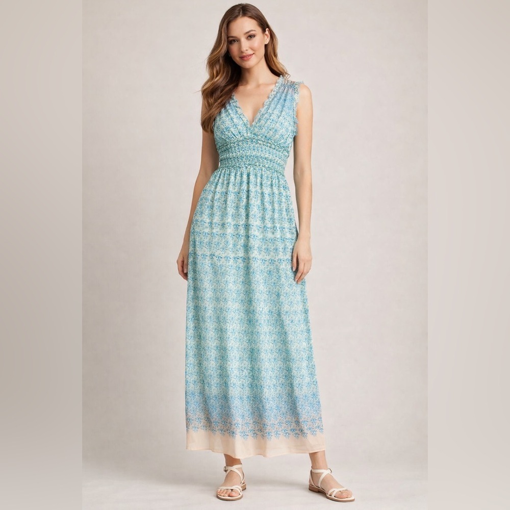 Max Studio London Blue Floral Ombre Maxi Dress Smocked Waist Ruffle V-Neck M